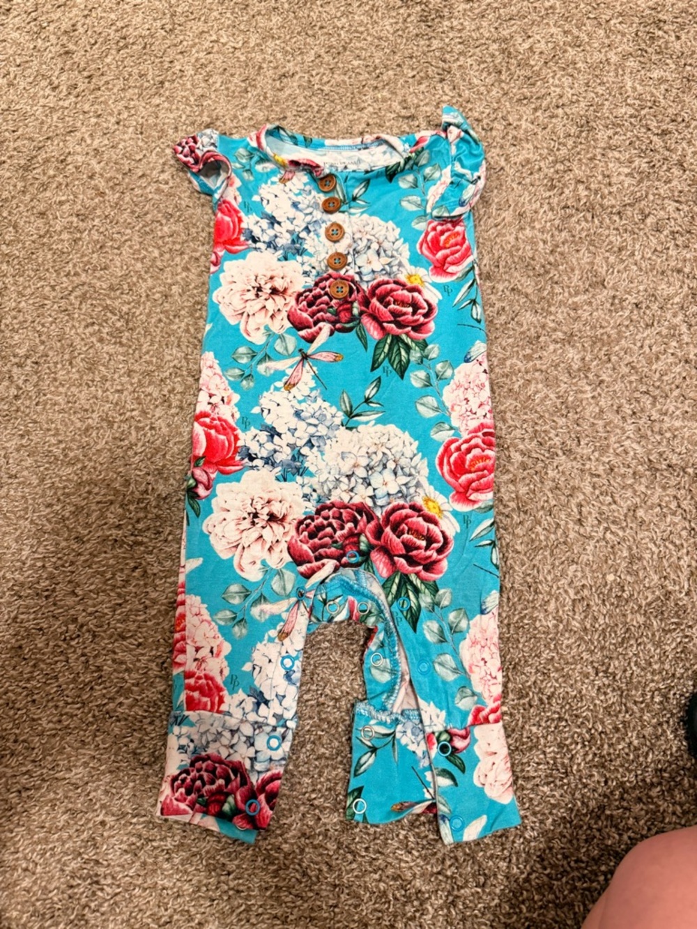 Posh Peanut Teal Floral Romper with Pink & Cream Flowers